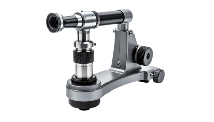 Sleek, metallic grey stereo microscope with adjustable focus knobs, a binocular eyepiece, and a sturdy, curved base