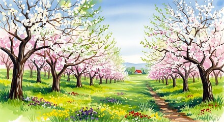Naklejka premium A watercolor painting of a blossom tree orchard in spring with a path leading to a house far away