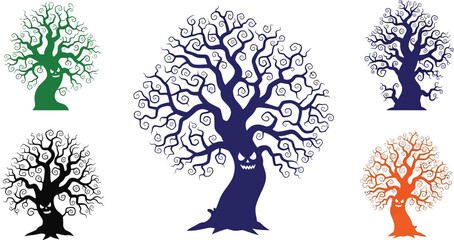 Spooky halloween trees in various colors with gnarled branches and scary faces