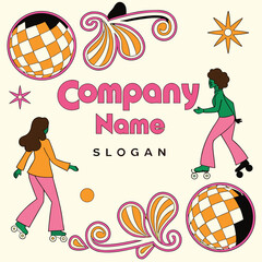 Retro design featuring roller skaters disco balls and vibrant seventies style