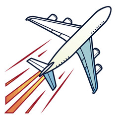 Cartoon illustration of a passenger airplane taking off with speed lines