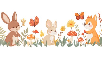 Naklejka premium Adorable watercolor forest animals with butterflies and mushrooms