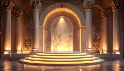 Elegant marble stage with columns and warm lighting