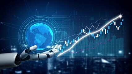 A sleek robotic hand extends towards a vivid representation of global growth, featuring dynamic financial graphs and data visualizations in a cutting-edge digital landscape. Copula - Powered by Adobe