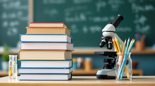 Educational setup with stacked books and a microscope in a science classroom during a lesson