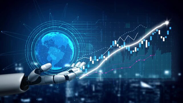 A sleek robotic hand extends towards a vivid representation of global growth, featuring dynamic financial graphs and data visualizations in a cutting-edge digital landscape. Copula - Powered by Adobe