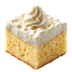 Tres Leches Cake A moist sponge cake soaked in three kinds of milk, with a dollop of whipped cream and isolated on a white background