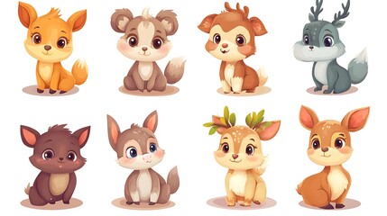 Obraz premium Collection of cute cartoon baby forest animals in watercolor style