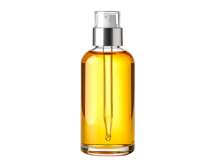 Amber liquid in a clear glass bottle with a silver pump top and a glass dropper