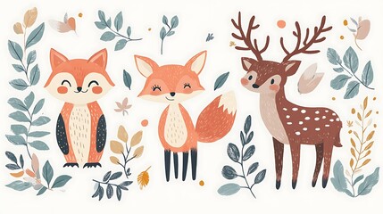Fototapeta premium Cute cartoon woodland animals including foxes and a deer surrounded by foliage