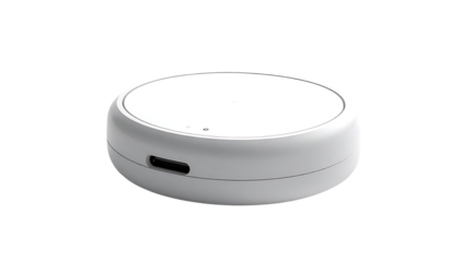 A small, round, white device with a slightly raised top and a USB-C port on the bottom