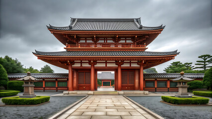 Obraz premium Traditional Japanese Temple Gate with Red Architecture and Curved Eaves