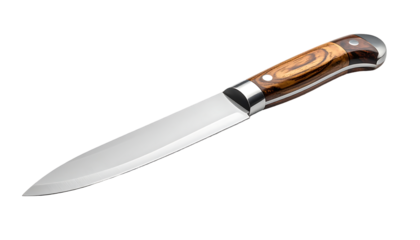 Sleek, stainless-steel blade fixed-blade knife with a richly-grained, dark wood handle and silver accents