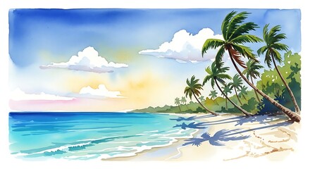 Obraz premium Watercolor painting showing a tropical beach with palm trees and a bright blue sky and ocean view