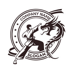 Martial arts logo featuring a dragon and karate practitioner silhouette