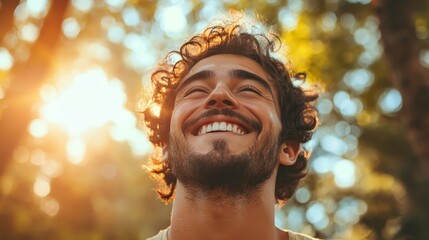 Young man laughing in a park, radiating happiness, vitality, and contentment. The image reflects positivity, exploration, and a joyful connection to nature, Generative AI