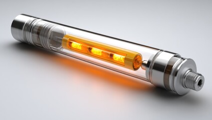 Glowing orange energy core in a transparent glass tube with chrome metal caps on a white background.