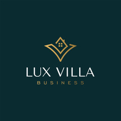 Geometric villa logo, luxury house v with hill and window for property branding.