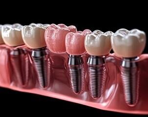 Dental Implants with Crowns in Gums, Close-Up View on Black Background