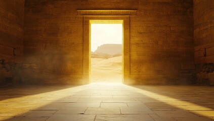 Ancient Egyptian Temple Doorway, Desert Landscape, Sunlight.