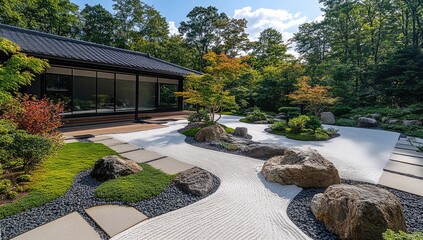 Serene Japanese Zen Garden with Modern Pavilion and White Gravel Path