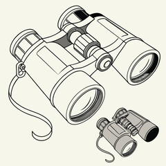 Detailed illustration of binoculars in a sketched style with exploded view
