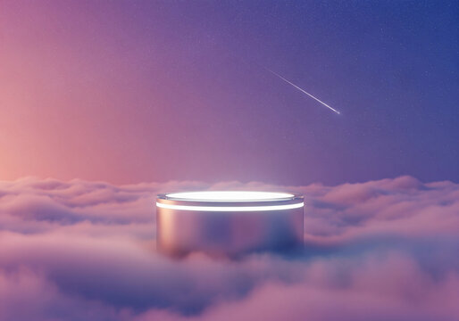 Glowing pedestal placed above vibrant dreamy clouds with pink twilight sky for surreal futuristic product display mockup