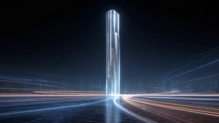 Tall glowing skyscraper building appearing in a futuristic digital world made of light streams, symbolizing technological advancement, innovation, fast data transfer, and metaverse concepts - Powered by Adobe
