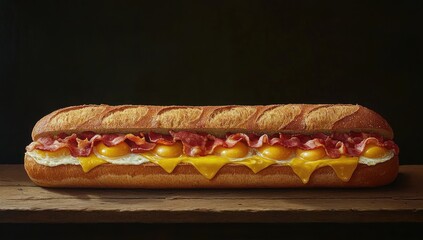 Hearty Bacon, Egg, and Cheese Submarine Sandwich on Rustic Wooden Surface