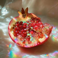 Vibrant Pomegranate Slice with Iridescent Light Effects