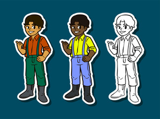 Teen boy gardener standing and smiling sticker illustration