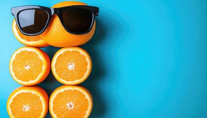 Cool Oranges with Sunglasses and Halved Citrus on Bright Blue Background