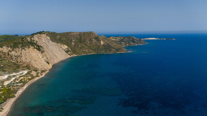 Paralia Dafni Beach Zakynthos Greece aerial view of sandy shoreline with turquoise Ionian Sea and dramatic coastal