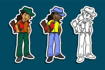 Teen girl gardener with green hat holding rooster sticker illustration