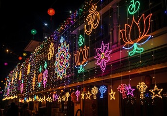 Vibrant neon light decorations featuring Om and lotus symbols illuminating a street for the Hindu festival of Diwali at night