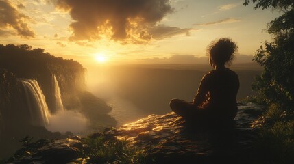 Serene person meditating on a cliff edge, overlooking majestic waterfalls and a vast canyon at golden sunset.
