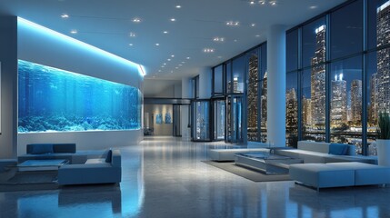 Obraz premium Modern Hotel Lobby At Night With City View