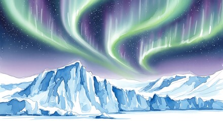 Illustration of aurora borealis over snowy mountains with a starry sky and purple hues above horizon