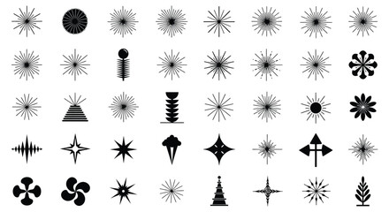 Collection of abstract black starburst and geometric shapes on white background