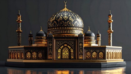 Elegant mosque model, dark & gold, intricate details