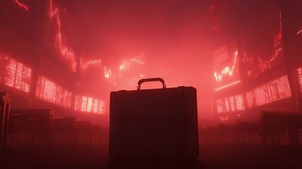 Mysterious briefcase standing in an empty stock exchange trading floor with red monitors showing a financial market crisis, symbolizing economic collapse, recession, and business deal failure - Powered by Adobe