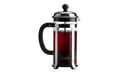 A chrome and glass French press filled with dark tea, showcasing its plunger and handle