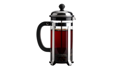 A chrome and glass French press filled with dark tea, showcasing its plunger and handle