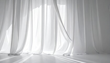 Sunlit White Sheer Curtains Flowing Gently Against a Window in a Minimalist Room with Bright Light and Shadows Creates Soft and Airy Atmosphere