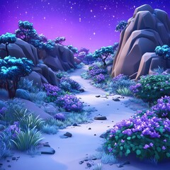 Enchanting Night Path: Purple Flowers, Starry Sky, and Rocky Landscape