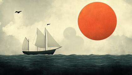 Textured illustration of a sailboat on a wavy sea with a big orange sun and flying birds
