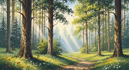 Obraz premium Forest path with sunlight streaming through the trees and flowers on the ground in a painting style