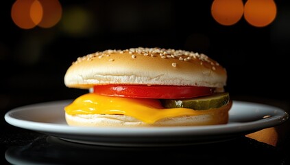 Delicious Cheeseburger with Melted Cheese, Tomato, and Pickle on a Sesame Seed Bun