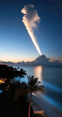 Rocket Launch over Tropical Beach at Dusk: Stunning Night Sky View