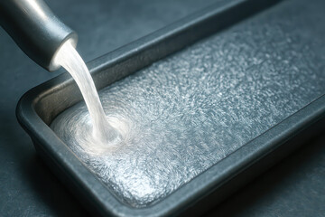 Water pouring into metal container creating swirling motion and shiny surface